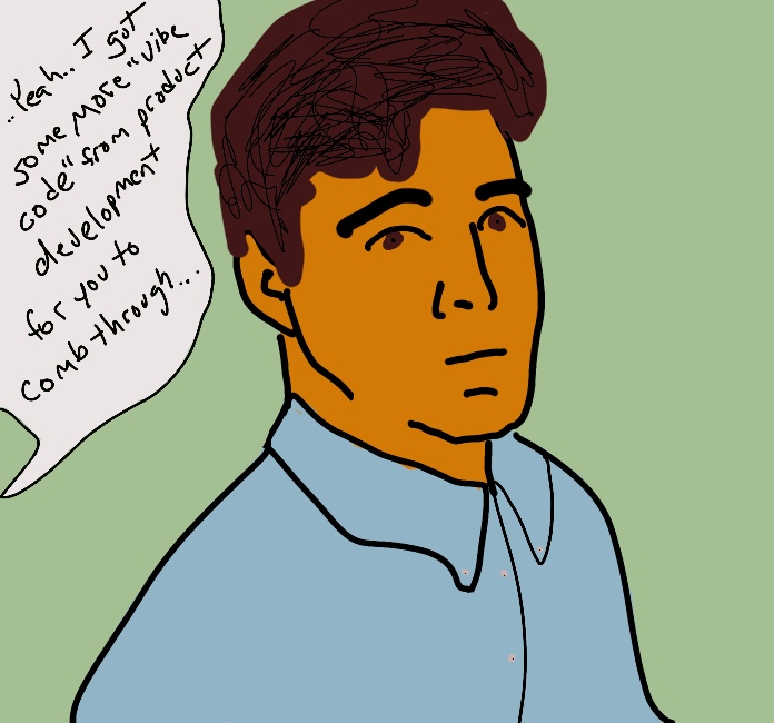 horrible drawing of a guy looking doubtfully as someone says to him - yeah, I got some more vibe code from product development for you to comb through..